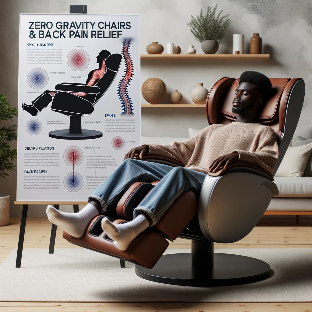 Diverse individual reclining in a zero gravity massage chair with an infographic showcasing benefits for back pain relief.