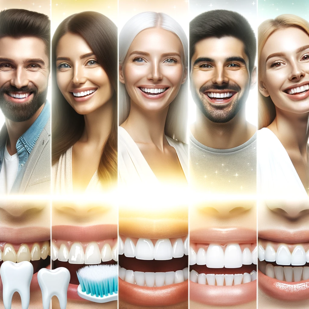 Diverse group of individuals proudly displaying their radiant white smiles, with a gradient background transitioning from light yellow to brilliant white, and a subtle display of various teeth whitening products at the base.