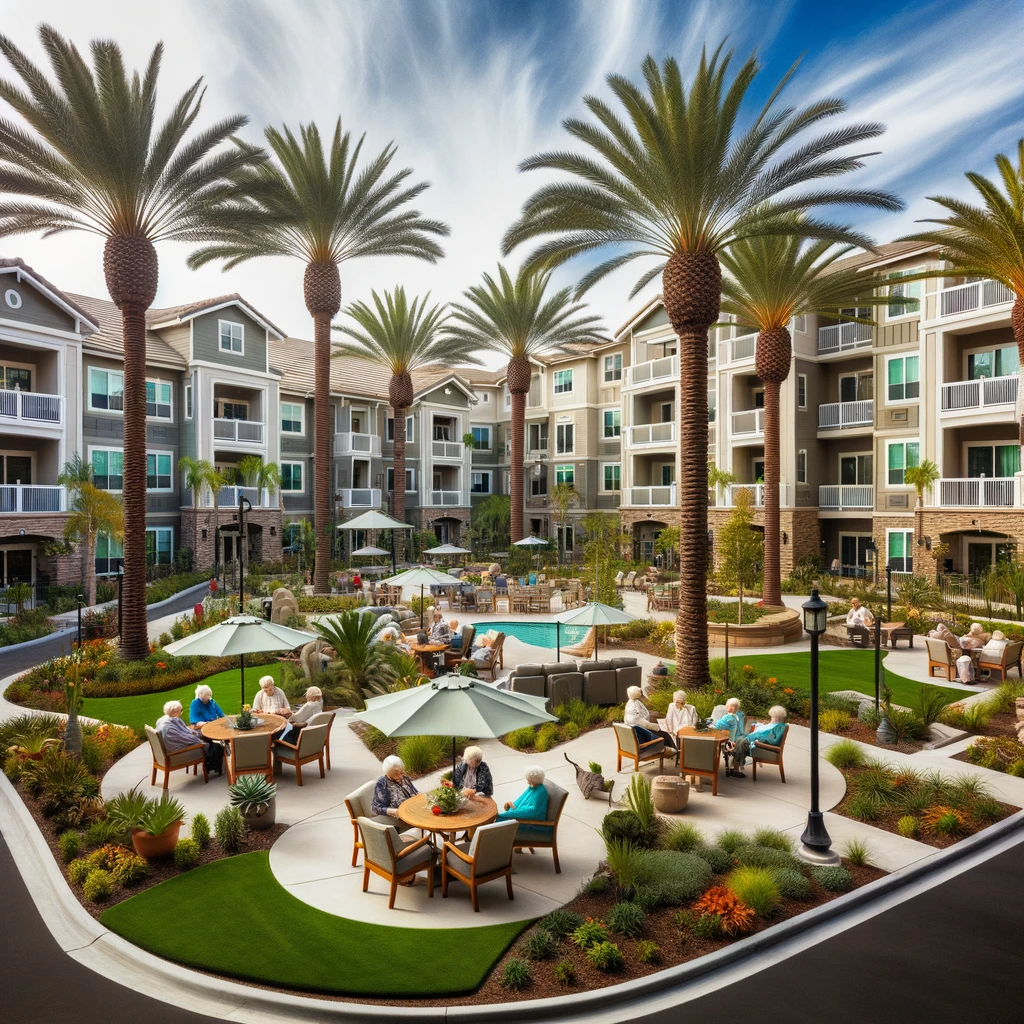 Photo of the exterior of an upscale assisted living community in El Cajon, showcasing palm trees, well-maintained lawns, and seniors enjoying an outdoor patio area.