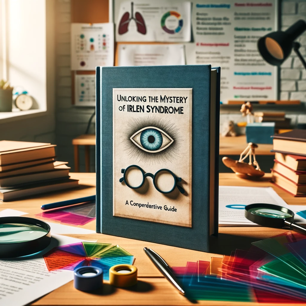 A hardcover book titled 'Unlocking the Mystery of Irlen Syndrome: A Comprehensive Guide' on a desk with tinted glasses, a magnifying glass, and colorful sheets.