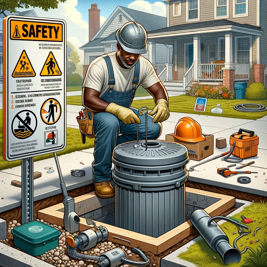 A middle-aged Black man, a professional technician, wearing safety gear demonstrates proper septic tank lid installation in a residential setting, with safety signage and guidelines visible.